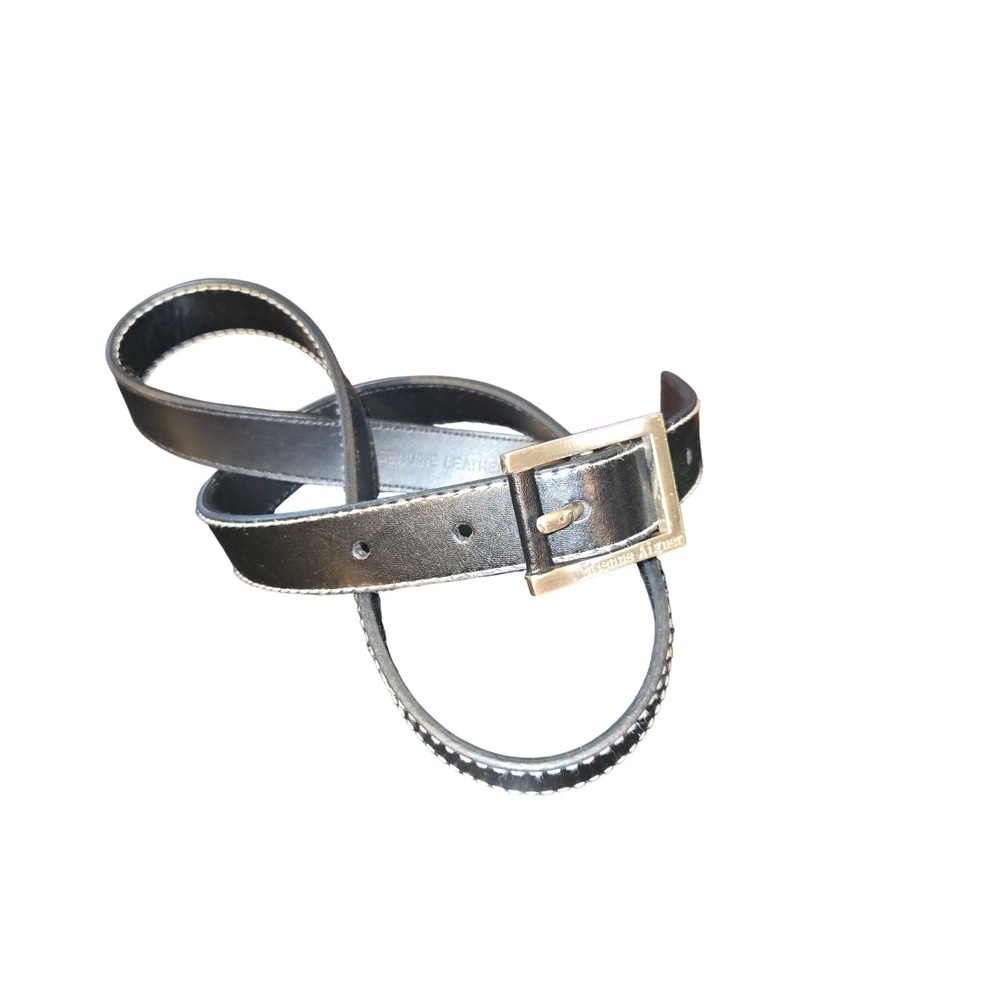 Etienne Aigner Belt Women Large Black Leather Silver Buckle Contrast Stitch 1126